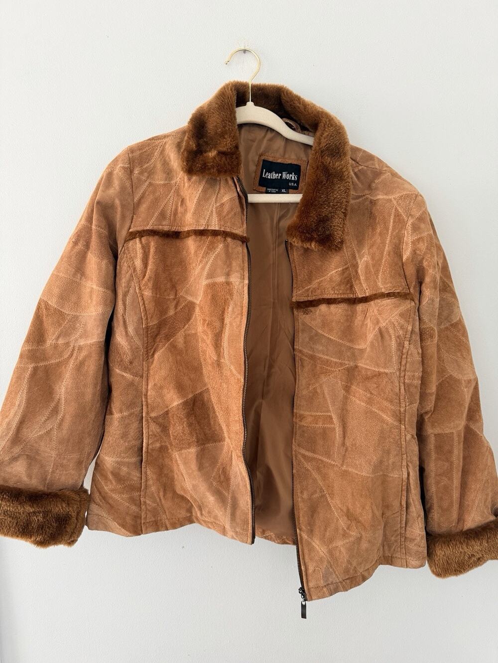 Leather Works vintage Suede patchwork Tan Lined Zip Up Y2K 90’s Retro Hippy XL